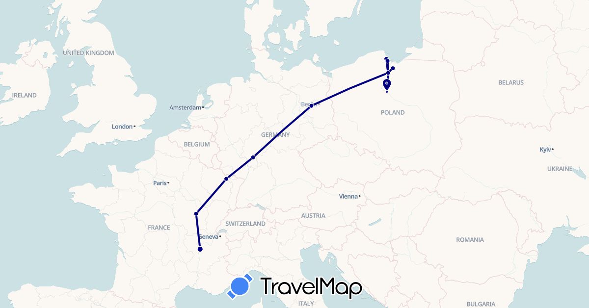 TravelMap itinerary: driving in France, Poland (Europe)